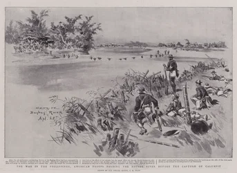 La guerra en Filipinas, tropas americanas cruzando el río Bagbag antes de la captura de Calumpit